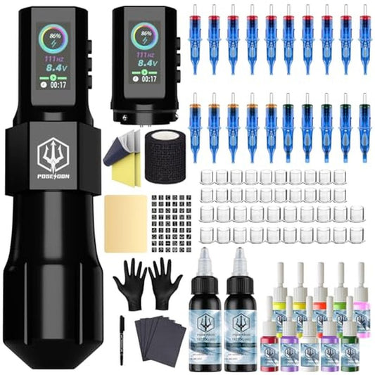 POSEIDON Tattoo Gun Kit - Machine Kit with 2 Batteries Tattoo Pen Kit with Digital LED Display 20Pcs Tattoo Needles Cartridge 12pcs Inks Tattoo Machine Kit Tattoo Supplies for Beginner