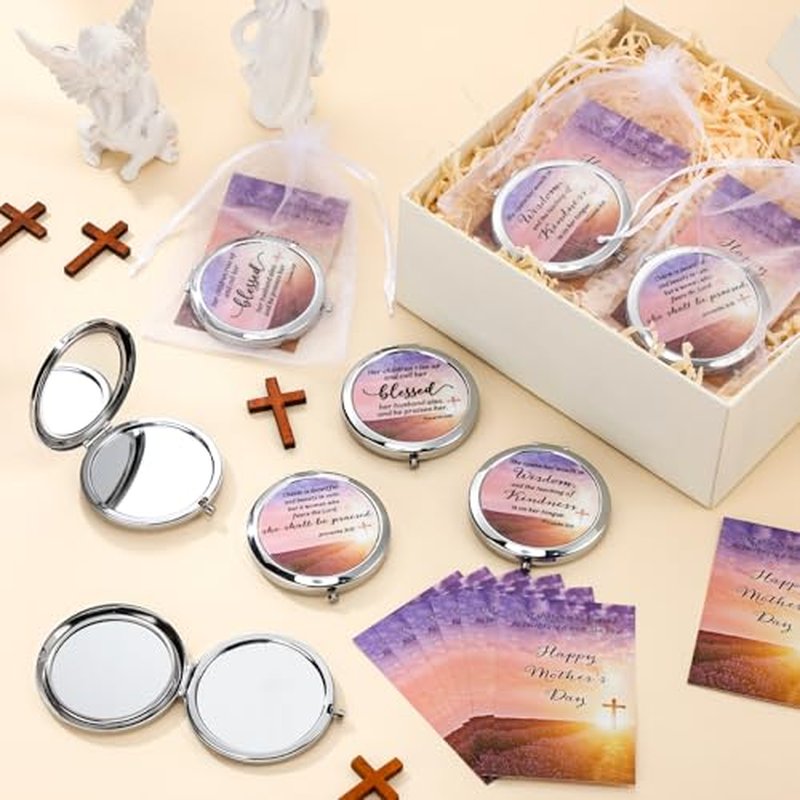 24 Sets Mother's Day Church Gifts Bulk Christian Compact Makeup Mirror Bible Verse Round Pocket Mirror with Gift Cards Organza Bags for Women
