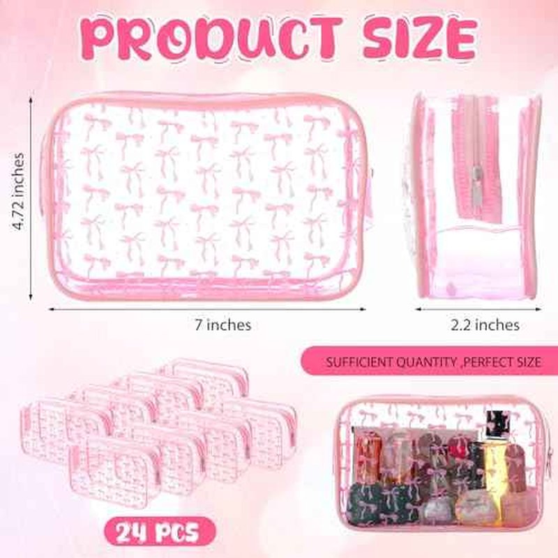 Kacctyen 24 Pcs Pink Bow Cosmetic Bag Coquette Preppy PVC Makeup Bag Bulk Zippered Travel Toiletry Pouch Gift for Women Birthday Party Favor Organizer