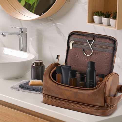 Personalized Gifts Travel Toiletry Bag for Men Him, Laser-Engraved Initial PU Leather Waterproof Shaving Bag Christmas Birthday Gift for Men Dad Husband Boyfriend Groomsmen, Light Brown M