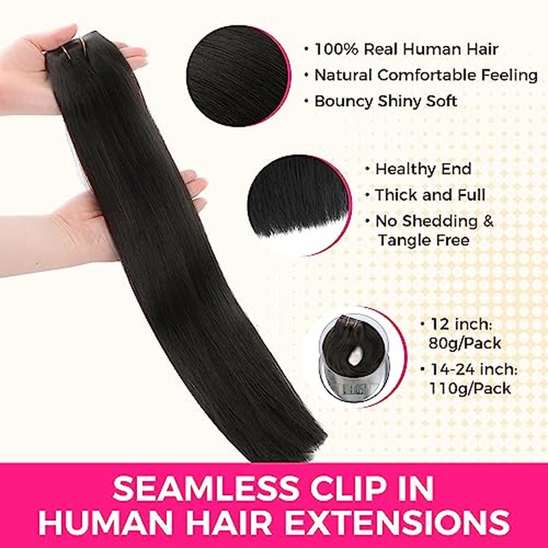 Lashey Seamless Clip in Hair Extensions Real Human Hair Extensions Straight 12 Inch 7pcs 80g Natural Black Soft Silky Clip in Hair Extensions with 100% Real Human Hair