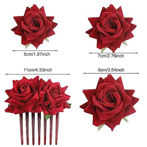 4 Pieces Women Rose Hairpin, Bridal Rose Brooch Hair Clip Wedding Floral Clips for Woman Girl Party Wedding (Black)