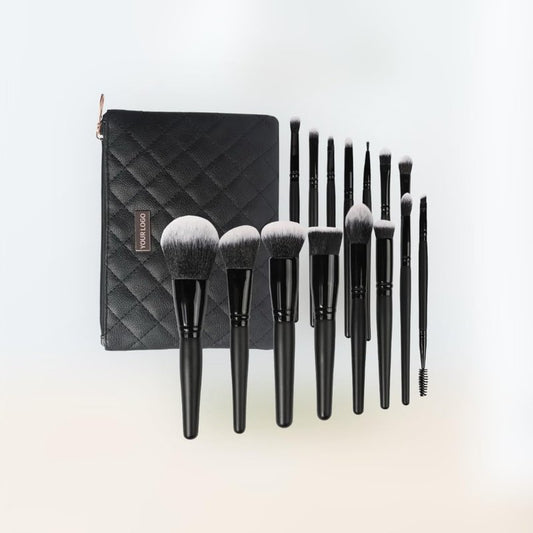 15 Piece Synthetic Vegan Makeup Brush Set with Quilted Bag, Black