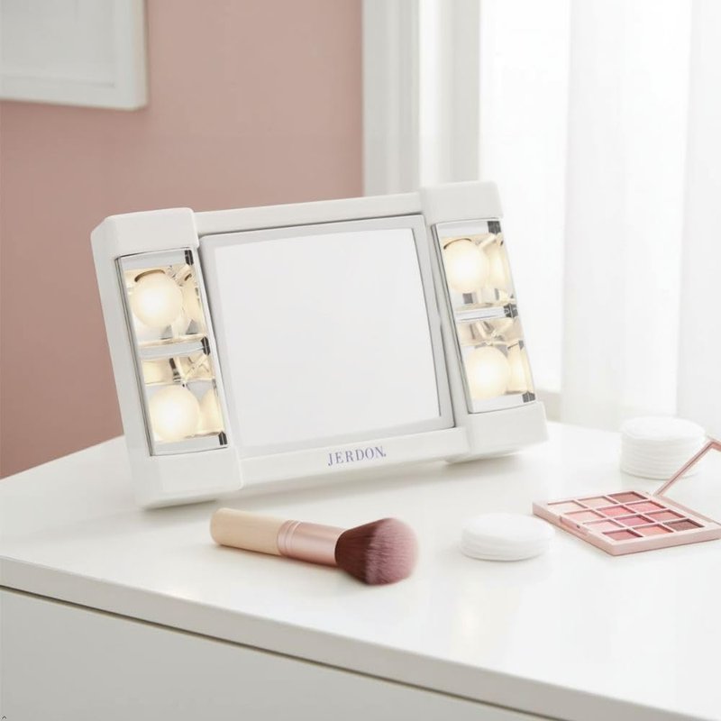 JERDON Two-Sided Makeup Mirror with Lights - 3X Magnification & Glare-Free Lighting | White Base, Model J1010