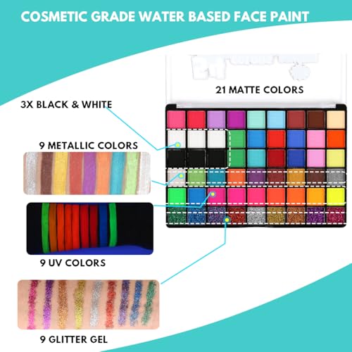 Bowitzki Face Paint Kit with 54 Colors, 8 sheets Stencils, 2 Glitters,10 Brushes, 1 Sheet Gems, Water Based Face Painting Kit, Safe Professional Halloween Party Makeup Set