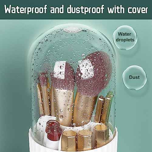 JessLab Makeup Brush Holder Organizer with Lid, 360 Degree Rotatable Makeup Brush Organizer Spinning Cosmetics Holders Brush Storage Box Display for Bathroom Vanity Countertop, White