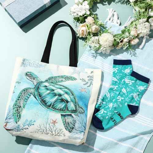 Sea Turtle Lover Gifts for Women Birthday Gifts Baskets Set Include Canvas Tote Bag, Makeup Bag, Socks, Keychain, Enamel Mug, Small Figurines for Mom, Wife, Sister, Friend