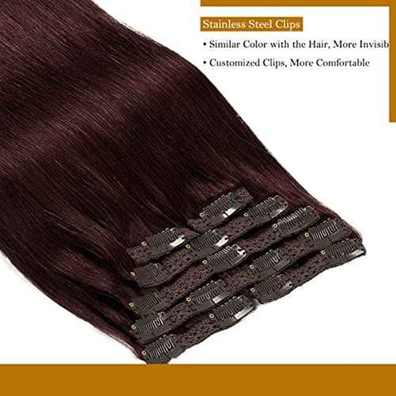 Loxxy 20Inch Seamless Clip In Human Hair Extensions 9A Grade Remy Human Hair Red Wine Color #99J Double Weft Silky Straight Natura Human Hair Thick Silky Straight Hair 7pcs 140 Gram