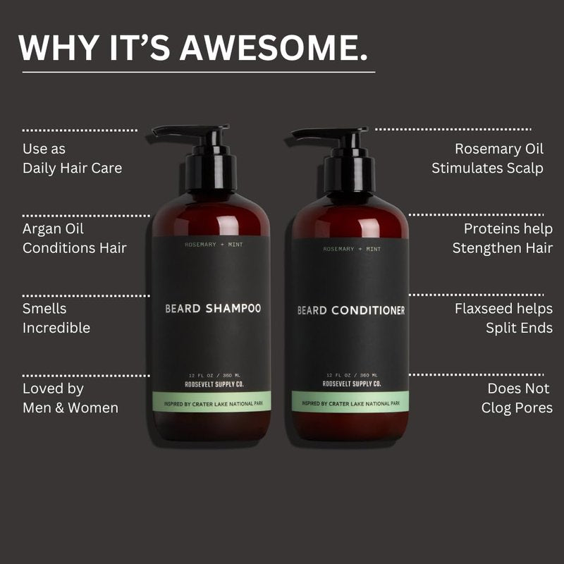 Roosevelt Supply Co. Revitalize Your Beard Natural Beard Shampoo - Sulfate-Free Rosemary & Mint Care, Ideal for Beard Growth, Clean, Healthy Beard. Cruelty Free. 12 FL OZ