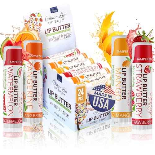 CHAP-LIP Original Lip Balm Hydrating Bulk Chap Stick with Fruit Flavors, Coconut Oil, and Cocoa Butter - Christmas Gift Stocking Stuffers Lip Therapy Pack for Men and Women - Made in the USA, 24 Pack