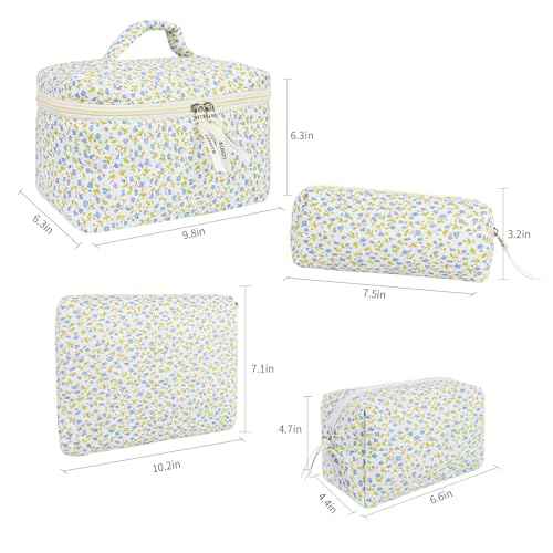 4Pcs Quilted Makeup Bag Set Cute Floral Cosmetic Bag Cotton Coquette Make up Bag Aesthetic Travel Toiletry Bag for Women Girls