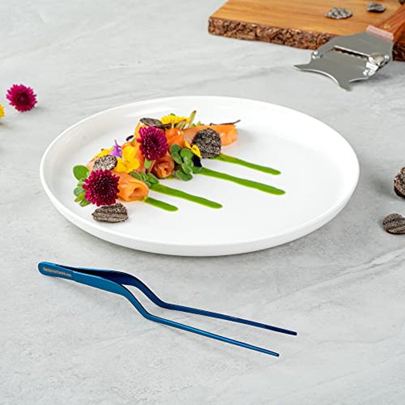 Restaurantware Perfect Point 7.9 Inch Food Tweezers 1 Offset Kitchen Tweezers - Serrated Tips For Precision For Garnishing Plating Or Decorating Blue Stainless Steel Offset Tweezers Durable