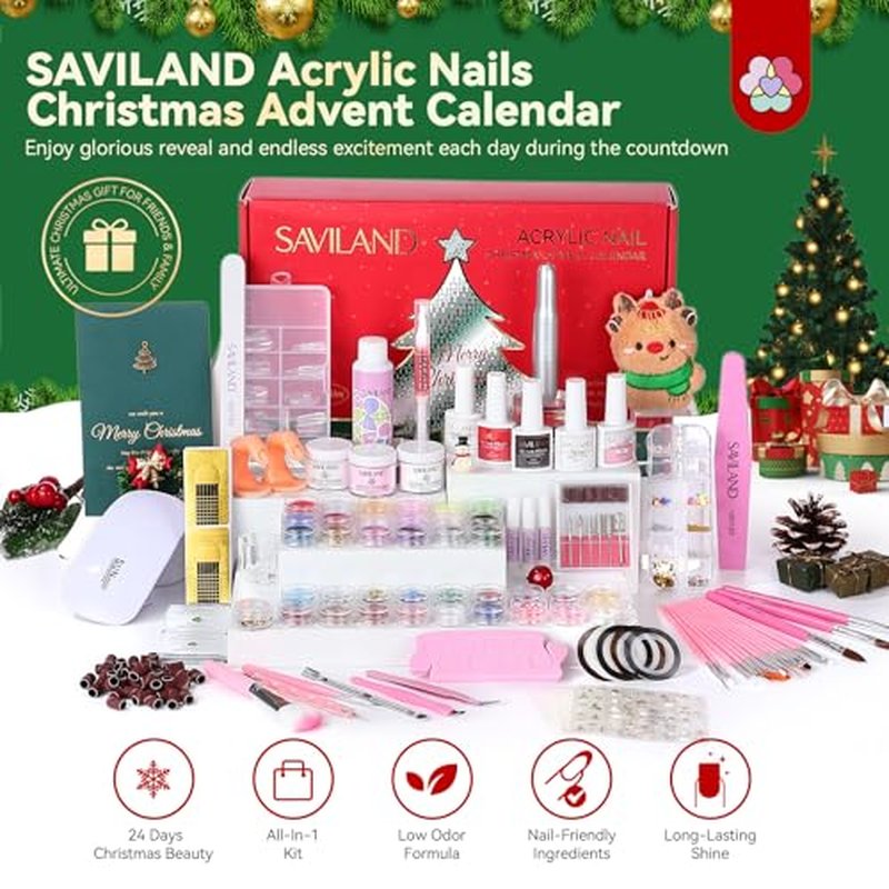 SAVILAND Acrylic Nail Kit Christmas Advent Calendars: Premium Acrylic Nail Kit with Nail Drill Xmas Stickers 24 Days Christmas Manicure Gift Set For Women Girls Limited Winter Holiday Gifts