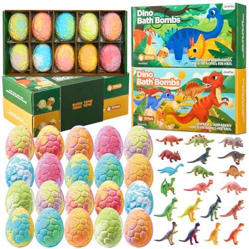 Dinosaur Bath Bombs for Kids with Surprise Inside, 20 Pack Natural Dino Egg Bath Bombs with Exclusive Carnivorous & Herbivorous Dinosaur Toys, Birthday Party Favors for Boys, Girls