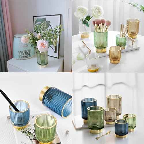 Makeup Brush Holder Organizer, Heavy Crystal Glass Brush Storage Holder, Vintage Cosmetic Make Up Bathroom Brushes Cup Pen Pencil Toothbrush Holder Striped Vase (S+L (green))
