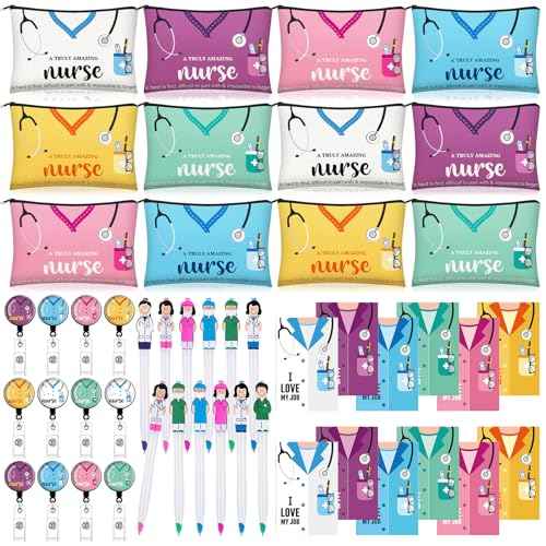 Yeaqee 48 Pcs Nurse Christmas Appreciation Gifts Set Bulk Include Makeup Cosmetic Bag Pocket Journal Notebooks Ballpoint Pen Badge Reel for Christmas Women Rn Assistant Student(Multicolor,Stethoscope)