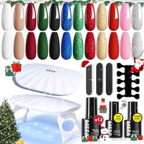 MEFA 19 Pcs Gel Nail Polish Kit with U V Light, 12 Christmas Colors Burgundy Red Dark Green Glitter Gel Polish Winter Silver Gold Sparkle Nail Polish Manicure Soak Off DIY Salon Decorations Gifts