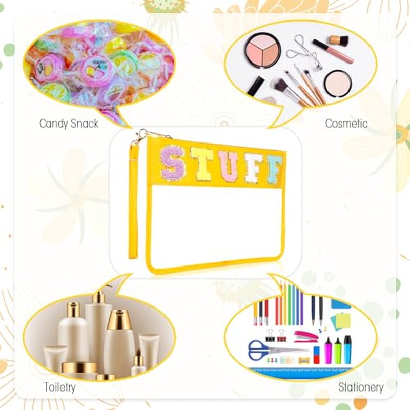 Nuanchu 9 Pcs Clear Chenille Letter Bag Stuff Pouch PVC Waterproof Preppy Cosmetic Makeup Bag Snack Travel Beach Pouch with Wrist Let for Teen Women Gifts Operation Christmas Thanksgiving Gifts Items