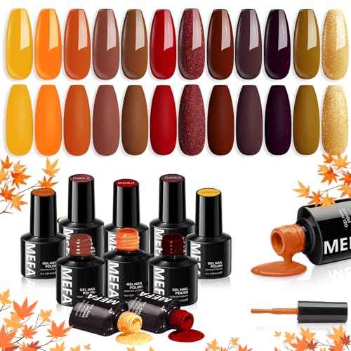 MEFA Fall Gel Nail Polish Set, 12 Color Red Brown Gold Glitter Nail Polish Kit Soak Off Pumpkin Bronze Nail Art Decorations DIY Home Salon Design Manicure Gifts for Women Girls