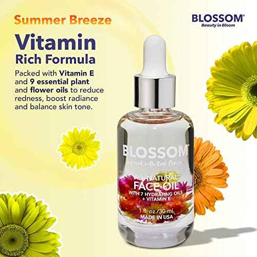 Blossom Unscented All Natural, Vegan, Cruelty Free Face Oil with Vitamin E, Infused with Real Flowers, Made in USA, 1 fl. oz., Summer Breeze