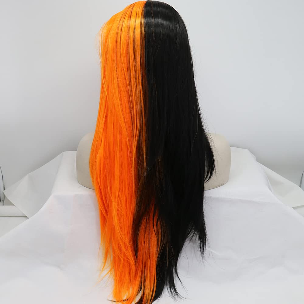 xiweiya Black Orange Half Color Lace Front Wig Long Silky Straight Ginger Orange Wigs Soft Hair Heat Resistant Fiber Wig 150% Density Hair for Women 26inch
