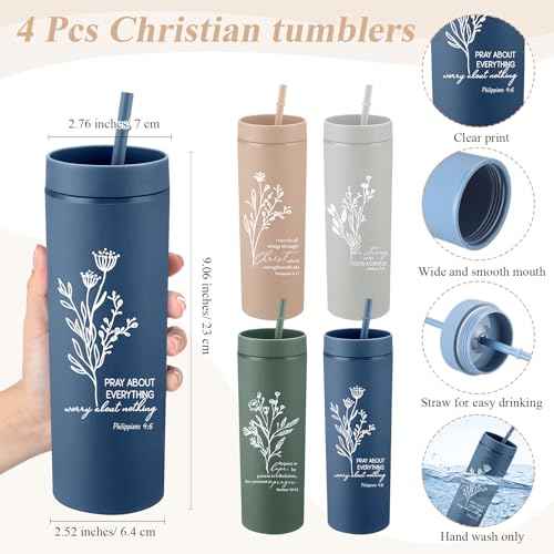 Fumete 4 Set Christian Gifts for Women Men 16oz Skinny Cup Religious Makeup Cosmetic Bag Bible Verse Keychain Regalos Cristianos En Espa?ol for Church Pastor Wife Grandparents(Classic Color)