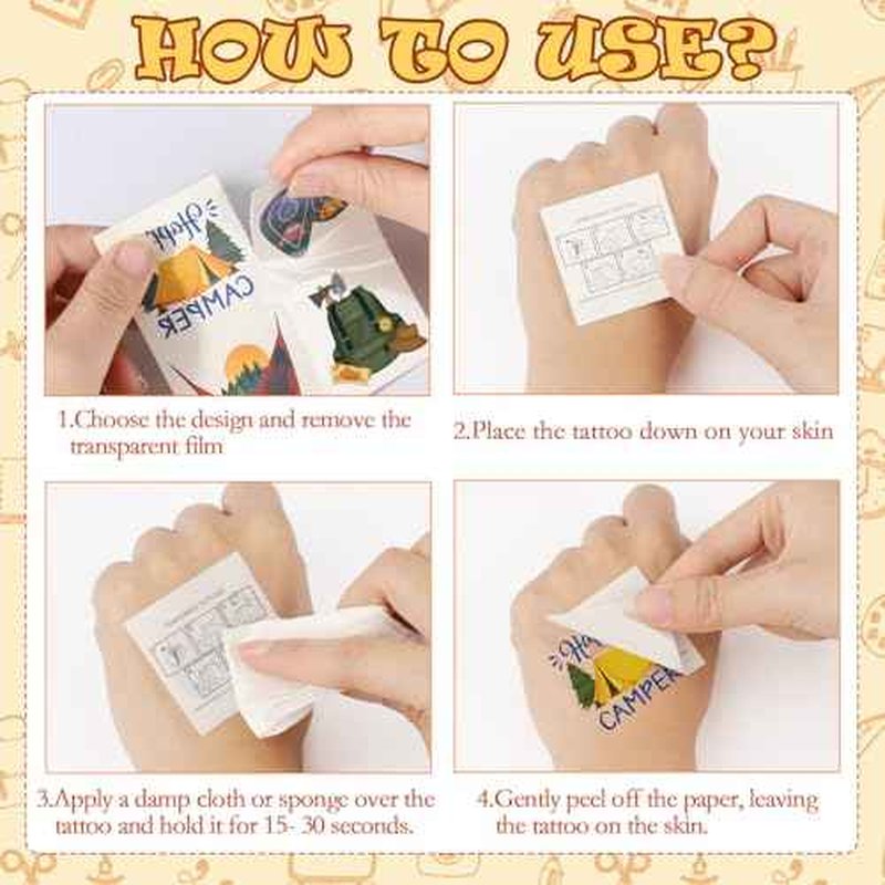 Konsait 96Pcs Camping Temporary Tattoos, Pre-Cut Camping Party Decorations Tattoos Stickers Campings Party Favors, Camp Gifts Camping Fun Stuff Accessories Party Ideas