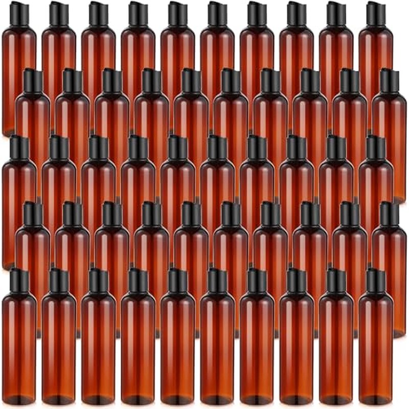 Mimorou 50 Pcs 8.5 oz Plastic Squeeze Bottle with Disc Top Flip Cap Empty Amber Refillable Container Small Travel Toiletry Bottle with Black Cap for Lotion Shampoo Oil Body Soap Creams