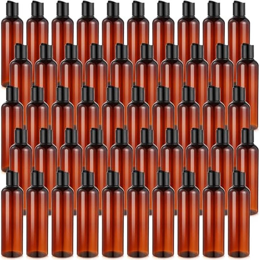Mimorou 50 Pcs 8.5 oz Plastic Squeeze Bottle with Disc Top Flip Cap Empty Amber Refillable Container Small Travel Toiletry Bottle with Black Cap for Lotion Shampoo Oil Body Soap Creams