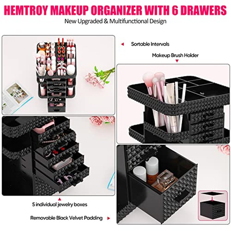 Rotating Makeup Organizer with 6 Drawers[New Updated], Multifunctional Cosmetics Organizer for Vanity Countertop, Square Jewelry Storage, Skincare Organizer for Makeup Holder (Plus Size-Black)