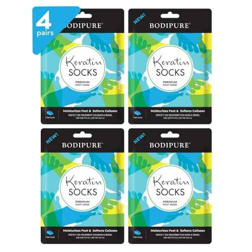 Bodipure PremiumFoot Mask Keratin Socks | At Home Spa Moisturizer Socks for Dry Cracked Feet, Callus & Heel Softening | Easy-to-Use Pedicure Foot Repair | Chemical-free Feet Treatment | 4 Pairs
