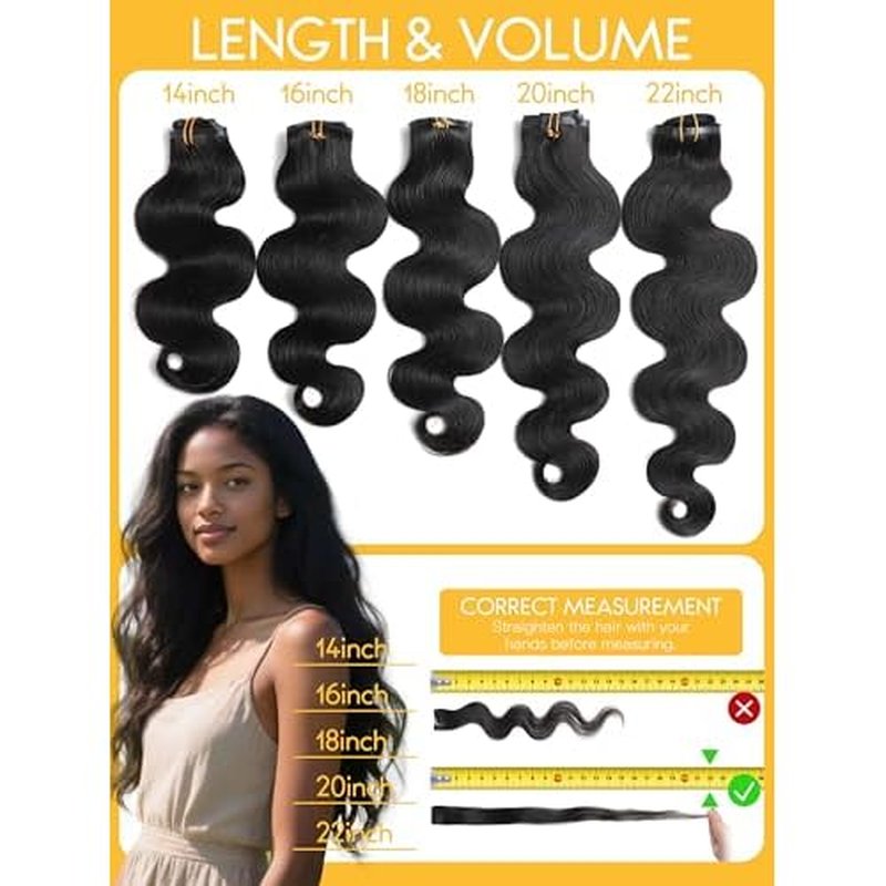 Caliee 16 Inch Body Wave Clip in Hair Extensions Real Human Hair Invisible Skin Weft Virgin Human Hair Soft 8Pcs 115G Natural Black Body Wave Clip ins Human Hair