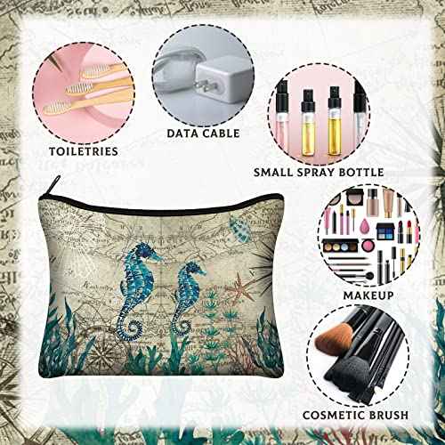 Sanwuta 12 Pcs Sea Tropical Cosmetic Bags Retro Animal Seahorse Travel Bags Beach Makeup Bags Zipper Small Pouch Vintage Turtle Whale Seashell Bag Under The Sea Purse Toiletry for Women Party Gift