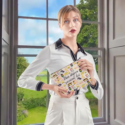 WCGXKO School Bus Driver Gift End Of Term School Bus Driver Gift School Bus Driver Survival Kit Cosmetics Bag (Bus Driver ever), Beige