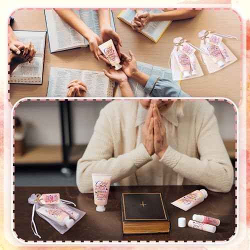 24 Sets Christian Hand Cream and Lip Balm Gift Set Christmas Christian Gift for Women Travel Size Hand Lotion Bible Verse Lip Balm Bulk for Baby Bridal Shower Mom Holiday Gift (Lovely)