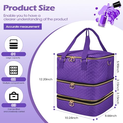 Nail Polish Organizer Case - Three Layer Nail Polish Storage Bag with Adjustable Dividers Holds 84 Bottles Nail Polish Nail Lamp Nail Kit Supplies Organizer Box - Purple