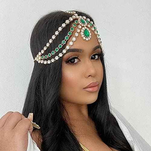 Xerling Green Crystal Pendant Head Chain Boho Layered Rhinestones Forehead Headpiece Tassel Head Jewelry for Women Wedding Hair Clip Accessories for Brides (Green-Silver)