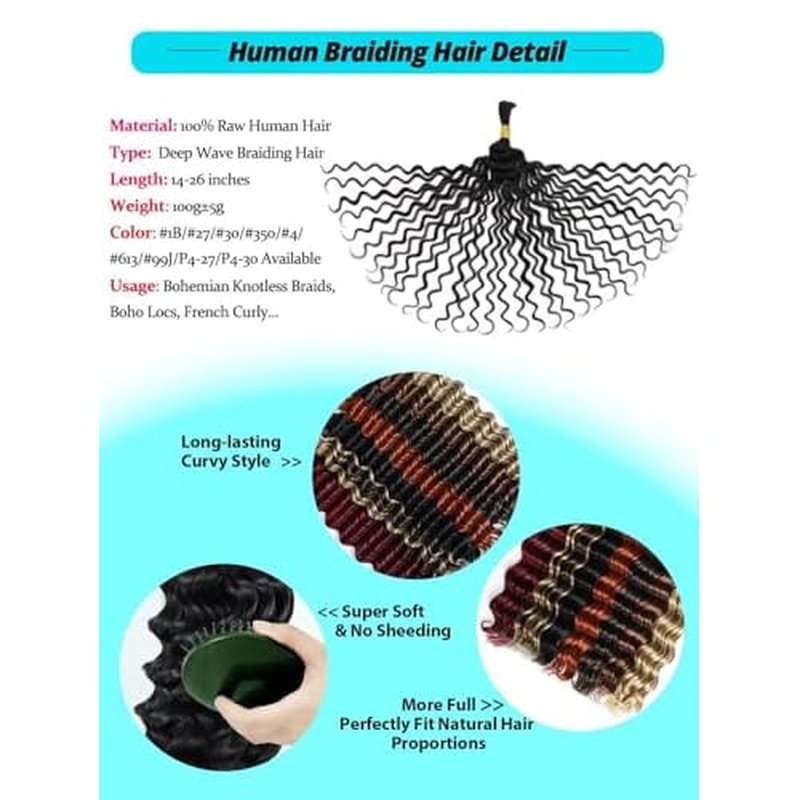 12A #30 Auburn Brown Human Braiding Hair for Boho Braids 3 Bundles 18 Inch 100g Deep Wave Braiding Hair for Bohemian Knotless Braids 100% Unprocessed Virgin Bulk Hair Extensions No Weft