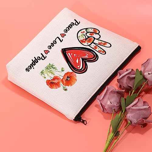 JXGZSO Red Poppy Flower Gifts Peace Love Poppies Cosmetic Organizer Bag Flowers Lover Gift Botanical Zipper Canvas Pouch