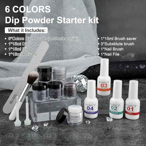 Dip Powder Nail Kit Starter, 6 Colors Glitter Dark Black White Dipping Powder Kit With Base & Top Coat/Activator/Brush Saver, Nail Art Manicure Salon DIY for Daily at Home Party Gifts for Women