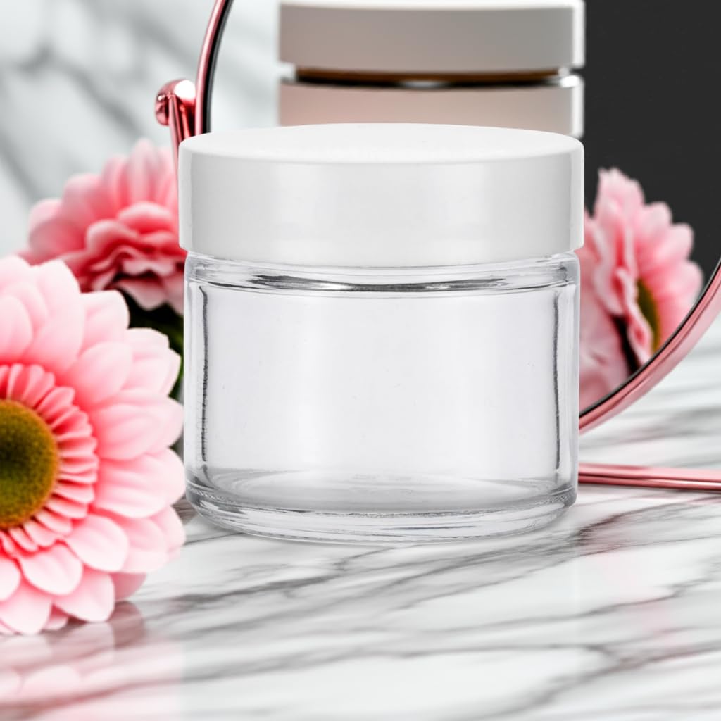 2 oz Clear Glass Jar with White Smooth Lined Lids (12 Pack)
