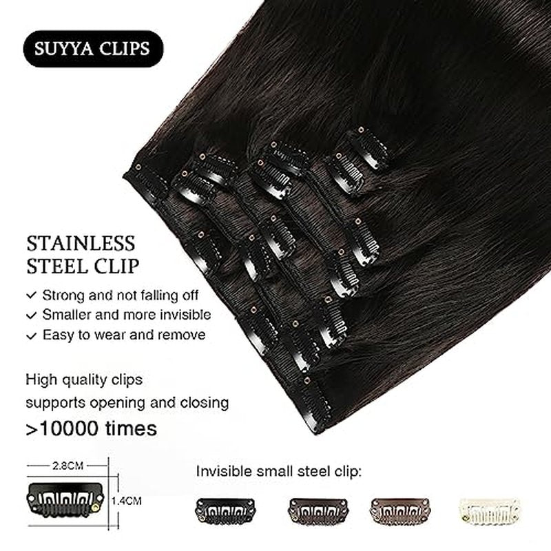 SUYYA Real Human Hair Clip in Extensions - 7 Pcs Straight Remy Hair Clip ins for Women - Double Weft 18 Inch #1B Off Black 80G