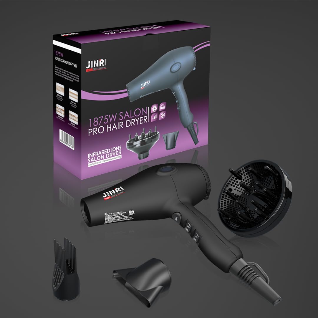 JINRI Hair Dryer, 1875W, 3 Heat & 2 Speed, with Diffuser, with Concentrator, Detachable Air Intake, Ionic Technology & Infrared - Black, Hanging Strap, Non-Foldable JR-108