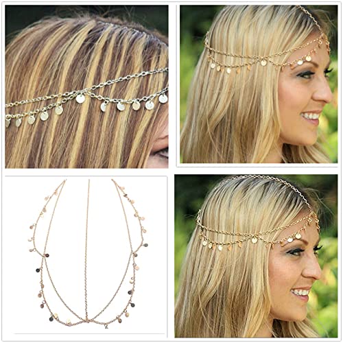 Multi-Row Coins Belly Dance Wrap & Hip Scarf, Sequins Head Chain Festival Halloween Prom Costume Hair Accessories Headbands Headpieces for Women and Girls