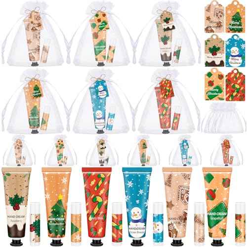 Loopeer 12 Sets/48 Pcs Christmas Hand Cream and Lip Balm Gift Set for Women Bulk Mini Hand Lotion Travel Size for Dry Skin Stocking Stuffers with Greeting Card Organza Bags for Coworker Employee