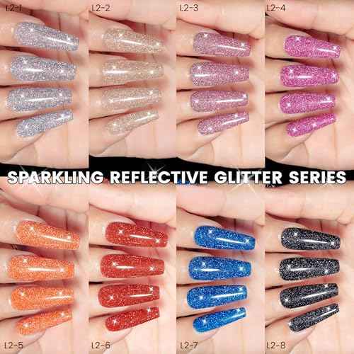 YTD Likomey Reflective Glitter Gel Nail Polish Set,Fall Winter Falsh 8 Colors Holographic Diamond Sparkly Black Silver Gold Blue Red Pink Plum Orange Salon Home UV Color Varnish Gift,0.25 Fl Oz 7.5 ml
