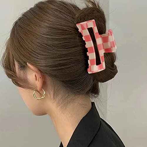 6 Pack Checkered Hair Claw Clips, 3.1" Multicolored Square Medium Non-Slip Claw Clips - Strong Hold for Women Girls Long Short Thin Hair