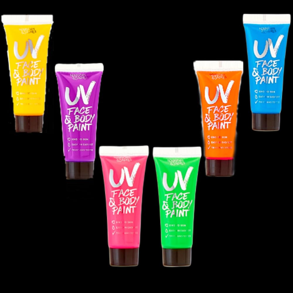 UV Face and Body Paint 10ml - 6 Pack - Neon Glow in the Dark Body Paint for Adults - Non Toxic, Vivid UV Reactive Makeup for Blacklight Parties & Events, Moisturizing Formula, by Splashes & Spills