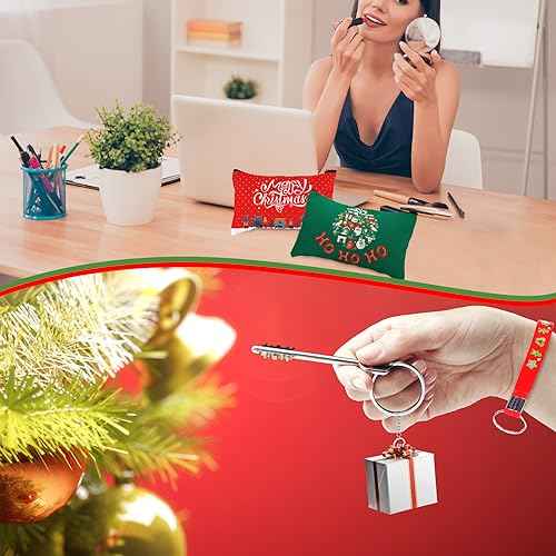 Paterr 24 Pcs 12 Sets Christmas Makeup Bags and 12 Pcs Christmas Keychains Set Snowman Canvas Gift Wallet for Women Holiday Portable Pouch Xmas Keychain for Party Xmas Gift