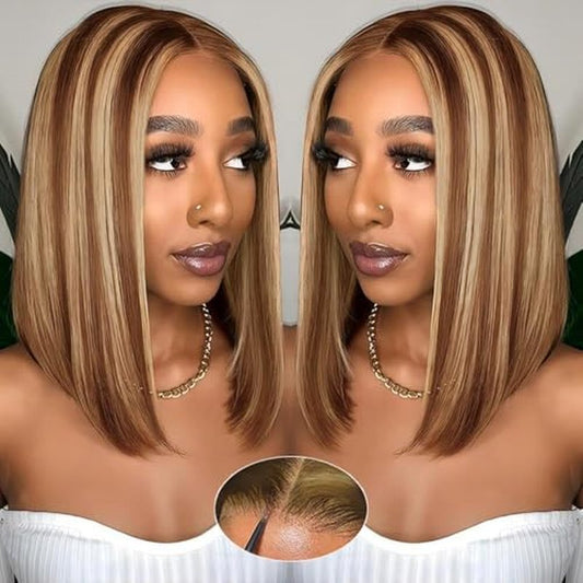 Ombre Bob Wig Human Hair 4/27 Highlight Honey Blonde Lace Front Bob Wigs Human Hair 180% Density Glueless Wigs Human Hair Pre Plucked Pre Cut 4x4 HD Lace Front Wigs Human Hair for Black Women 12 inch